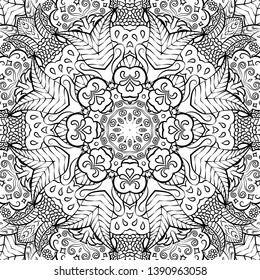 Seamless tracery tile mehndi design. Ethnic ornament, doodle symmetry texture. Folk traditional spiritual tribal design. Curved doodling motif. Binary monochrome black and white art. Vector