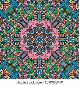 Seamless tracery tile mehndi design. Ethnic ornament, colorful doodle symmetry texture. Folk traditional spiritual tribal design. Curved doodling motif. Color art. Vector