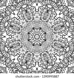 Seamless tracery tile mehndi design. Ethnic ornament, doodle symmetry texture. Folk traditional spiritual tribal design. Curved doodling motif. Binary monochrome black and white art. Vector