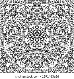 Seamless tracery tile mehndi design. Ethnic ornament, doodle symmetry texture. Folk traditional spiritual tribal design. Curved doodling motif. Binary monochrome black and white art. Vector