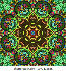 Seamless tracery tile mehndi design. Ethnic ornament, colorful doodle symmetry texture. Folk traditional spiritual tribal design. Curved doodling motif. Color art. Vector