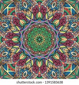 Seamless tracery tile mehndi design. Ethnic ornament, colorful doodle symmetry texture. Folk traditional spiritual tribal design. Curved doodling motif. Color art. Vector