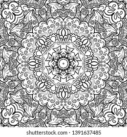 Seamless tracery tile mehndi design. Ethnic ornament, doodle symmetry texture. Folk traditional spiritual tribal design. Curved doodling motif. Binary monochrome black and white art. Vector