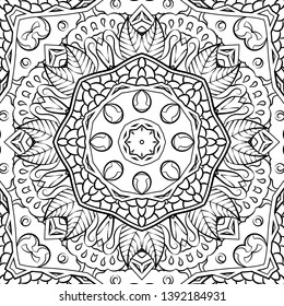 Seamless tracery tile mehndi design. Ethnic ornament, doodle symmetry texture. Folk traditional spiritual tribal design. Curved doodling motif. Binary monochrome black and white art. Vector