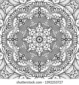 Seamless tracery tile mehndi design. Ethnic ornament, doodle symmetry texture. Folk traditional spiritual tribal design. Curved doodling motif. Binary monochrome black and white art. Vector