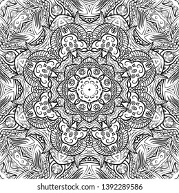 Seamless tracery tile mehndi design. Ethnic ornament, doodle symmetry texture. Folk traditional spiritual tribal design. Curved doodling motif. Binary monochrome black and white art. Vector