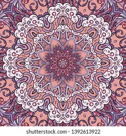 Seamless tracery tile mehndi design. Ethnic ornament, colorful doodle symmetry texture. Folk traditional spiritual tribal design. Curved doodling motif. Color art. Vector