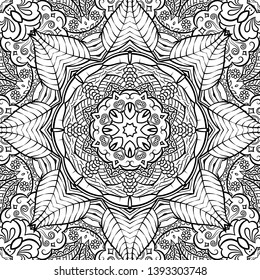 Seamless tracery tile mehndi design. Ethnic ornament, doodle symmetry texture. Folk traditional spiritual tribal design. Curved doodling motif. Binary monochrome black and white art. Vector