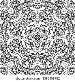 Seamless tracery tile mehndi design. Ethnic ornament, doodle symmetry texture. Folk traditional spiritual tribal design. Curved doodling motif. Binary monochrome black and white art. Vector