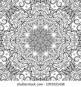 Seamless tracery tile mehndi design. Ethnic ornament, doodle symmetry texture. Folk traditional spiritual tribal design. Curved doodling motif. Binary monochrome black and white art. Vector