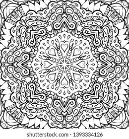 Seamless tracery tile mehndi design. Ethnic ornament, doodle symmetry texture. Folk traditional spiritual tribal design. Curved doodling motif. Binary monochrome black and white art. Vector