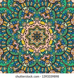 Seamless tracery tile mehndi design. Ethnic ornament, colorful doodle symmetry texture. Folk traditional spiritual tribal design. Curved doodling motif. Color art. Vector