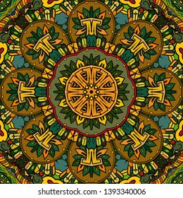 Seamless tracery tile mehndi design. Ethnic ornament, colorful doodle symmetry texture. Folk traditional spiritual tribal design. Curved doodling motif. Color art. Vector