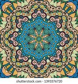 Seamless tracery tile mehndi design. Ethnic ornament, colorful doodle symmetry texture. Folk traditional spiritual tribal design. Curved doodling motif. Color art. Vector