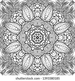 Seamless tracery tile mehndi design. Ethnic ornament, doodle symmetry texture. Folk traditional spiritual tribal design. Curved doodling motif. Binary monochrome black and white art. Vector