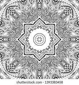 Seamless tracery tile mehndi design. Ethnic ornament, doodle symmetry texture. Folk traditional spiritual tribal design. Curved doodling motif. Binary monochrome black and white art. Vector
