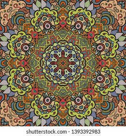 Seamless tracery tile mehndi design. Ethnic ornament, colorful doodle symmetry texture. Folk traditional spiritual tribal design. Curved doodling motif. Color art. Vector