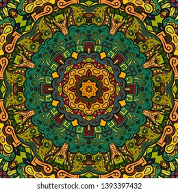 Seamless tracery tile mehndi design. Ethnic ornament, colorful doodle symmetry texture. Folk traditional spiritual tribal design. Curved doodling motif. Color art. Vector