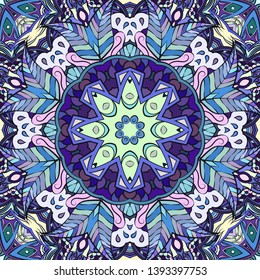 Seamless tracery tile mehndi design. Ethnic ornament, colorful doodle symmetry texture. Folk traditional spiritual tribal design. Curved doodling motif. Color art. Vector
