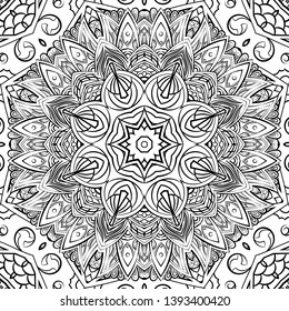 Seamless tracery tile mehndi design. Ethnic ornament, doodle symmetry texture. Folk traditional spiritual tribal design. Curved doodling motif. Binary monochrome black and white art. Vector