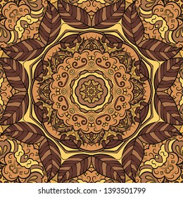 Seamless tracery tile mehndi design. Ethnic ornament, colorful doodle symmetry texture. Folk traditional spiritual tribal design. Curved doodling motif. Color art. Vector