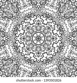 Seamless tracery tile mehndi design. Ethnic ornament, doodle symmetry texture. Folk traditional spiritual tribal design. Curved doodling motif. Binary monochrome black and white art. Vector