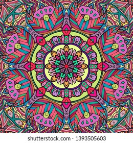 Seamless tracery tile mehndi design. Ethnic ornament, colorful doodle symmetry texture. Folk traditional spiritual tribal design. Curved doodling motif. Color art. Vector