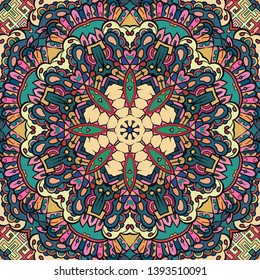 Seamless tracery tile mehndi design. Ethnic ornament, colorful doodle symmetry texture. Folk traditional spiritual tribal design. Curved doodling motif. Color art. Vector
