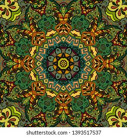Seamless tracery tile mehndi design. Ethnic ornament, colorful doodle symmetry texture. Folk traditional spiritual tribal design. Curved doodling motif. Color art. Vector