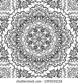 Seamless tracery tile mehndi design. Ethnic ornament, doodle symmetry texture. Folk traditional spiritual tribal design. Curved doodling motif. Binary monochrome black and white art. Vector