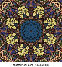Seamless tracery tile mehndi design. Ethnic ornament, colorful doodle symmetry texture. Folk traditional spiritual tribal design. Curved doodling motif. Color art. Vector