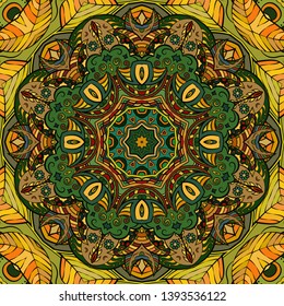 Seamless tracery tile mehndi design. Ethnic ornament, colorful doodle symmetry texture. Folk traditional spiritual tribal design. Curved doodling motif. Color art. Vector