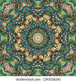 Seamless tracery tile mehndi design. Ethnic ornament, colorful doodle symmetry texture. Folk traditional spiritual tribal design. Curved doodling motif. Color art. Vector