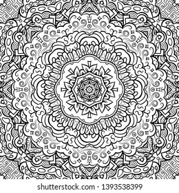 Seamless tracery tile mehndi design. Ethnic ornament, doodle symmetry texture. Folk traditional spiritual tribal design. Curved doodling motif. Binary monochrome black and white art. Vector