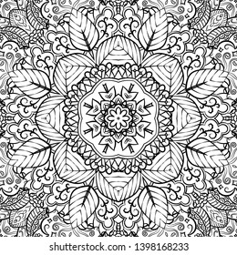 Seamless tracery tile mehndi design. Ethnic ornament, doodle symmetry texture. Folk traditional spiritual tribal design. Curved doodling motif. Binary monochrome black and white art. Vector