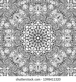 Seamless tracery tile mehndi design. Ethnic ornament, doodle symmetry texture. Folk traditional spiritual tribal design. Curved doodling motif. Binary monochrome black and white art. Vector