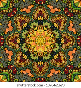Seamless tracery tile mehndi design. Ethnic ornament, colorful doodle symmetry texture. Folk traditional spiritual tribal design. Curved doodling motif. Color art. Vector