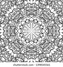 Seamless tracery tile mehndi design. Ethnic ornament, doodle symmetry texture. Folk traditional spiritual tribal design. Curved doodling motif. Binary monochrome black and white art. Vector