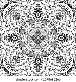 Seamless tracery tile mehndi design. Ethnic ornament, doodle symmetry texture. Folk traditional spiritual tribal design. Curved doodling motif. Binary monochrome black and white art. Vector