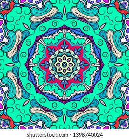 Seamless tracery tile mehndi design. Ethnic ornament, colorful doodle symmetry texture. Folk traditional spiritual tribal design. Curved doodling motif. Color art. Vector