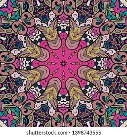 Seamless tracery tile mehndi design. Ethnic ornament, colorful doodle symmetry texture. Folk traditional spiritual tribal design. Curved doodling motif. Color art. Vector
