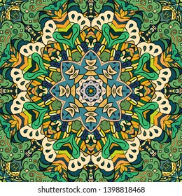 Seamless tracery tile mehndi design. Ethnic ornament, colorful doodle symmetry texture. Folk traditional spiritual tribal design. Curved doodling motif. Color art. Vector