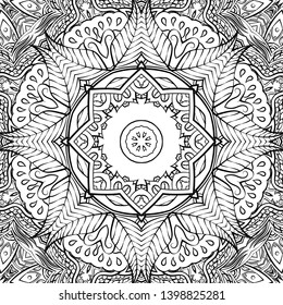 Seamless tracery tile mehndi design. Ethnic ornament, doodle symmetry texture. Folk traditional spiritual tribal design. Curved doodling motif. Binary monochrome black and white art. Vector