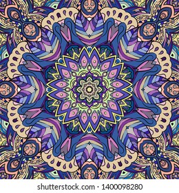 Seamless tracery tile mehndi design. Ethnic ornament, colorful doodle symmetry texture. Folk traditional spiritual tribal design. Curved doodling motif. Color art. Vector