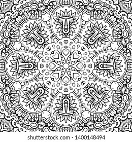 Seamless tracery tile mehndi design. Ethnic ornament, doodle symmetry texture. Folk traditional spiritual tribal design. Curved doodling motif. Binary monochrome black and white art. Vector