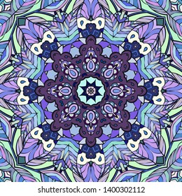 Seamless tracery tile mehndi design. Ethnic ornament, colorful doodle symmetry texture. Folk traditional spiritual tribal design. Curved doodling motif. Color art. Vector