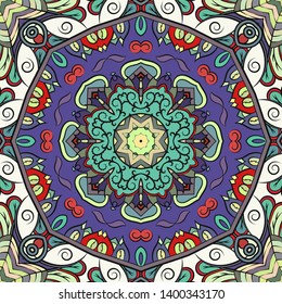 Seamless tracery tile mehndi design. Ethnic ornament, colorful doodle symmetry texture. Folk traditional spiritual tribal design. Curved doodling motif. Color art. Vector
