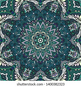 Seamless tracery tile mehndi design. Ethnic ornament, colorful doodle symmetry texture. Folk traditional spiritual tribal design. Curved doodling motif. Color art. Vector
