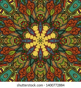 Seamless tracery tile mehndi design. Ethnic ornament, colorful doodle symmetry texture. Folk traditional spiritual tribal design. Curved doodling motif. Color art. Vector