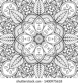 Seamless tracery tile mehndi design. Ethnic ornament, doodle symmetry texture. Folk traditional spiritual tribal design. Curved doodling motif. Binary monochrome black and white art. Vector